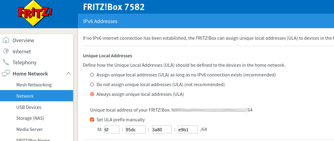 Screenshot of Fritz!Box IPv6 Addresses Settings